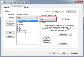 TestData Adapter Konfiguration