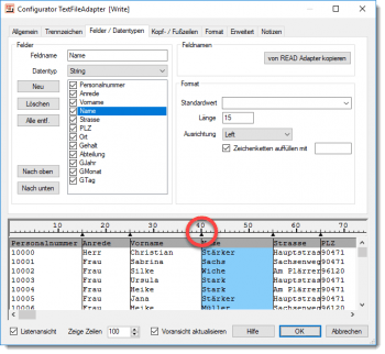 TextFile Adapter - Feldeigenschaften festlegen