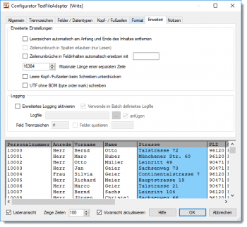 TextFile Adapter - Erweiterte Einstellungen