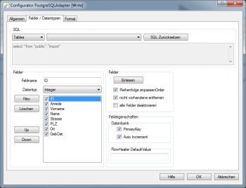 PostgreSQL Adapter, Felder und Datentypen