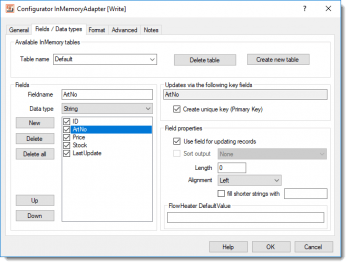 InMemory Adapter - Fields / Data types tab